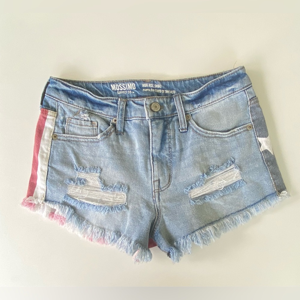 Mossimo American Flag High-Rise Distressed Frayed Jean Shorts, Sz 2/26 - Picture 2 of 7